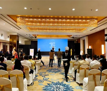 Corporate conference setup in banquet hall event space